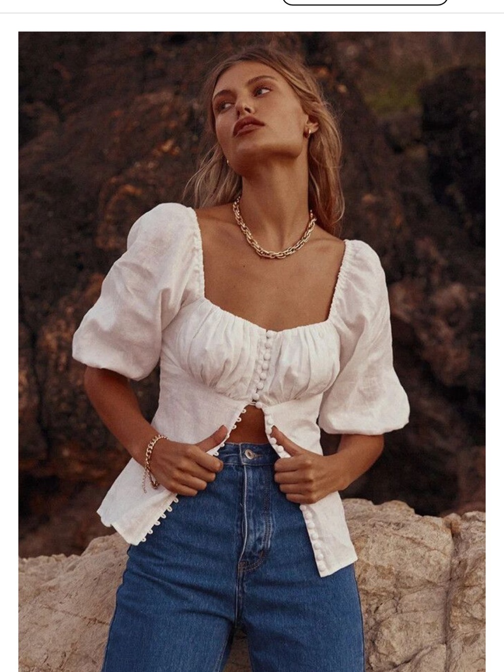 DISSH White Puff-Sleeve Button-Front Square Neck Top
